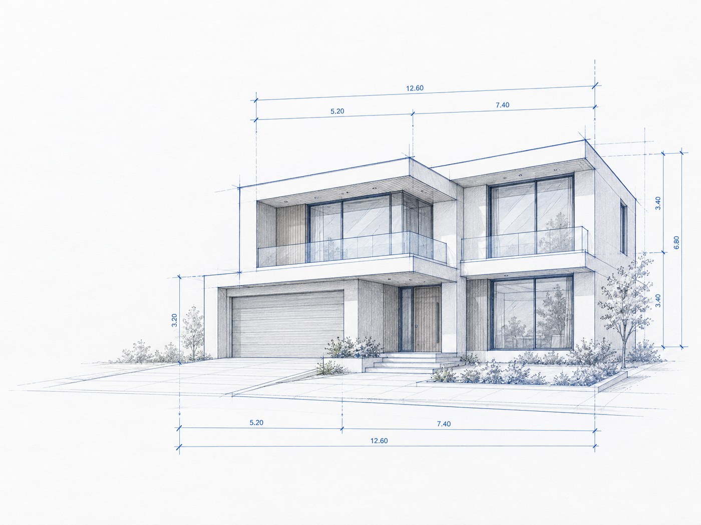 Architektonický náčrt moderního rodinného domu s kótami (ilustrační vize, nikoli konkrétní projekt)